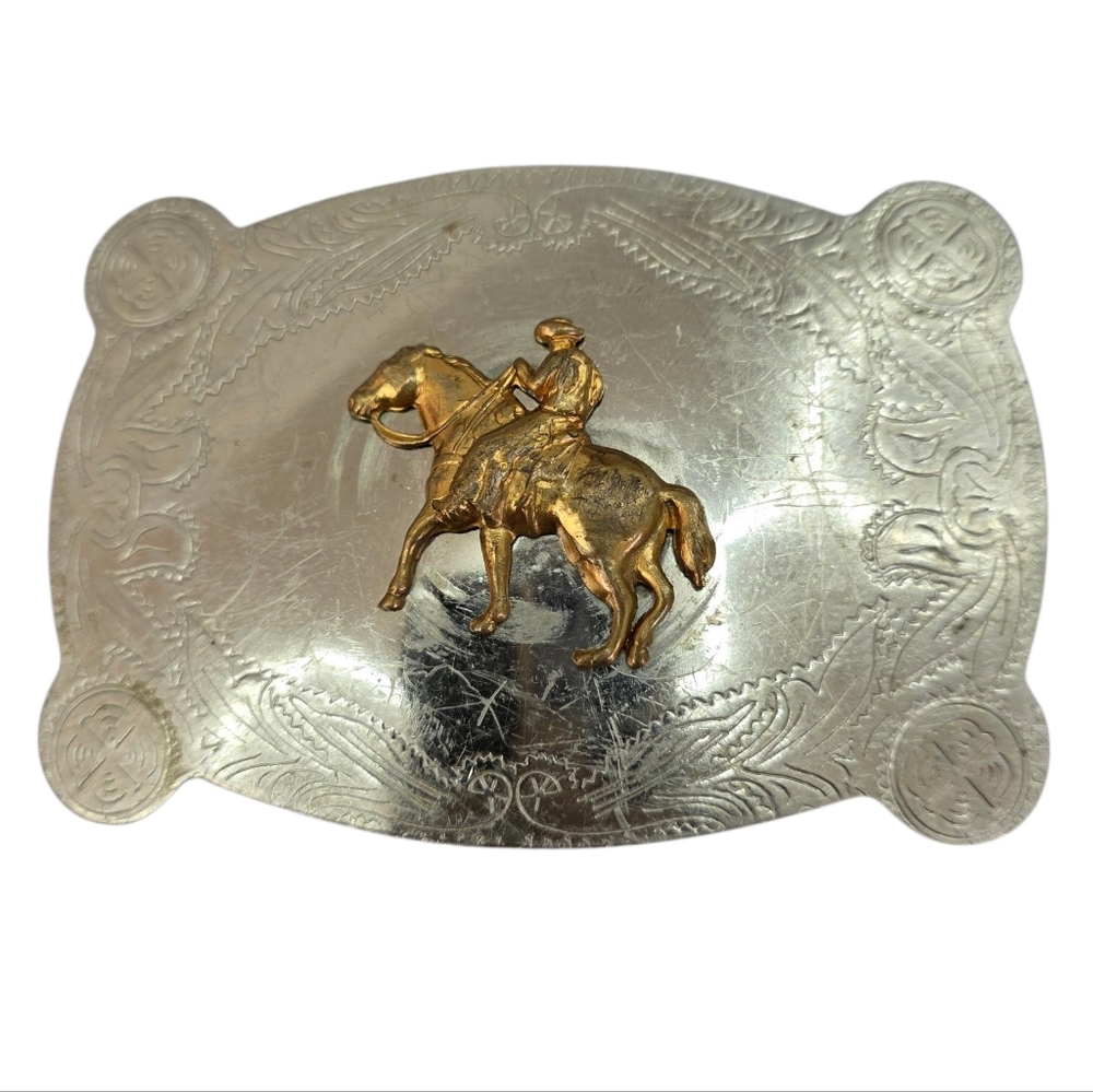 Vintage Sage&Sand Nickle Silver Western Belt Buckle with Gold Tone Horse & Rider